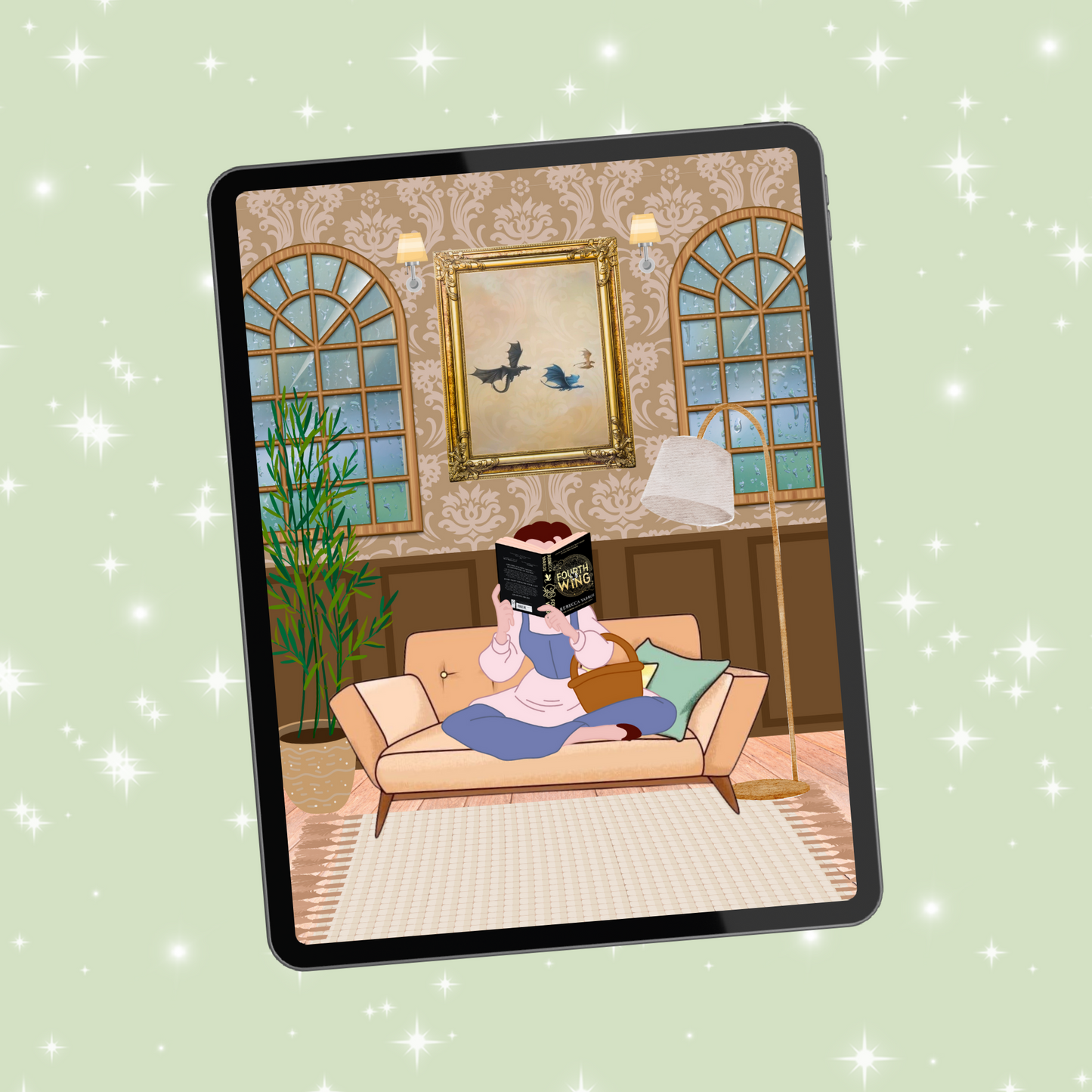 Belle reading Fourth Wing kindle insert